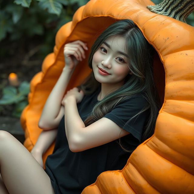 A melancholic Korean girl posing elegantly in a black t-shirt, sitting sideways inside a large pumpkin, giving a soft smile while glancing at the camera