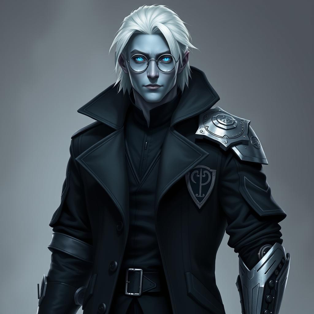 A tall, 26-year-old Drow named Jayce Kovacs, characterized by medium-length, snow-white hair and striking glowing blue irises that contrast beautifully against his neutral blue skin