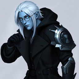 A tall, 26-year-old Drow named Jayce Kovacs, characterized by medium-length, snow-white hair and striking glowing blue irises that contrast beautifully against his neutral blue skin