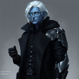 A tall, 26-year-old Drow named Jayce Kovacs, characterized by medium-length, snow-white hair and striking glowing blue irises that contrast beautifully against his neutral blue skin