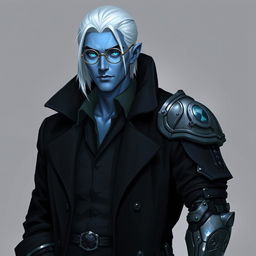 A tall, 26-year-old Drow named Jayce Kovacs, characterized by medium-length, snow-white hair and striking glowing blue irises that contrast beautifully against his neutral blue skin