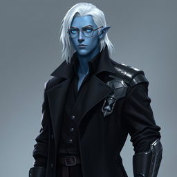 A tall, 26-year-old Drow named Jayce Kovacs, distinguished by medium-length, snow-white hair and glowing blue irises that stand out dramatically against his neutral blue skin