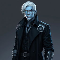 A tall, 26-year-old Drow named Jayce Kovacs, distinguished by medium-length, snow-white hair and glowing blue irises that stand out dramatically against his neutral blue skin
