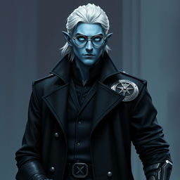 A tall, 26-year-old Drow named Jayce Kovacs, distinguished by medium-length, snow-white hair and glowing blue irises that stand out dramatically against his neutral blue skin