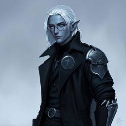 A tall, 26-year-old Drow named Jayce Kovacs, distinguished by medium-length, snow-white hair and glowing blue irises that stand out dramatically against his neutral blue skin