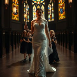 A beautiful young bride walking toward the viewer, gracefully holding a single candle that casts a warm glow in a dark, atmospheric church adorned with stunning stained glass windows