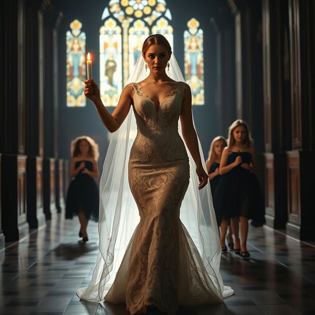 A beautiful young bride walking toward the viewer, gracefully holding a single candle that casts a warm glow in a dark, atmospheric church adorned with stunning stained glass windows