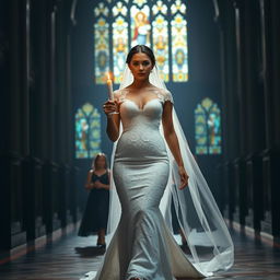 A beautiful young bride walking toward the viewer, gracefully holding a single candle that casts a warm glow in a dark, atmospheric church adorned with stunning stained glass windows