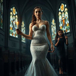 A beautiful young bride walking toward the viewer, gracefully holding a single candle that casts a warm glow in a dark, atmospheric church adorned with stunning stained glass windows