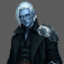 A tall, 26-year-old Drow named Jayce Kovacs, featuring medium-length, snow-white hair and radiant glowing blue irises that sharply contrast with his neutral blue skin