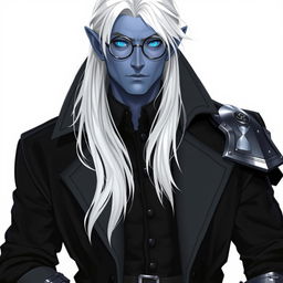 A tall, 26-year-old Drow named Jayce Kovacs, featuring medium-length, snow-white hair and radiant glowing blue irises that sharply contrast with his neutral blue skin