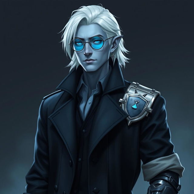 A tall, 26-year-old Drow named Jayce Kovacs, featuring medium-length, snow-white hair and radiant glowing blue irises that sharply contrast with his neutral blue skin