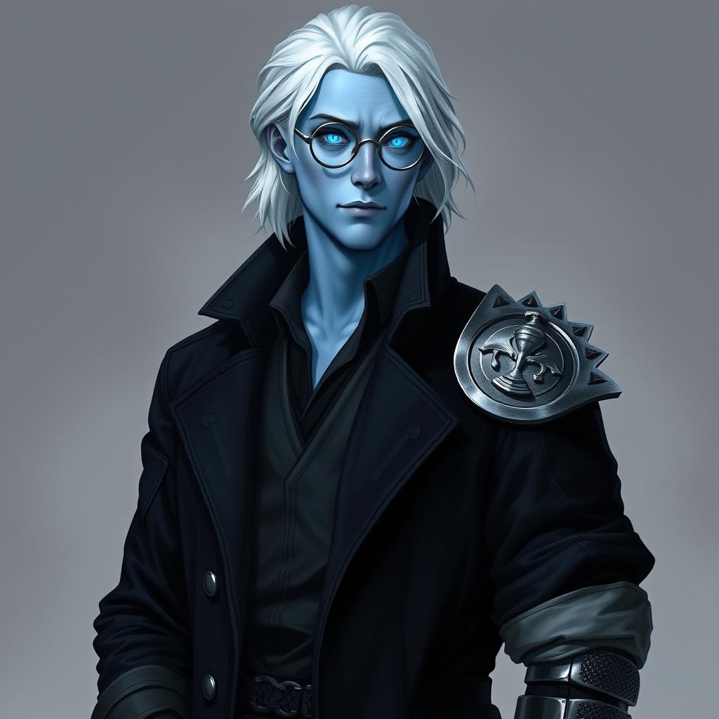 A tall, 26-year-old Drow named Jayce Kovacs, featuring medium-length, snow-white hair and radiant glowing blue irises that sharply contrast with his neutral blue skin