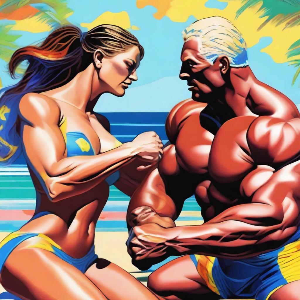 A high-quality digital art image captures a scene where a woman with extremely muscular abs, medium-sized breasts, and striking blue eyes is triumphing over a man in an arm wrestling match