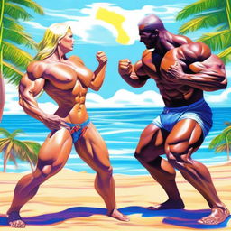 A high-quality digital art image captures a scene where a woman with extremely muscular abs, medium-sized breasts, and striking blue eyes is triumphing over a man in an arm wrestling match