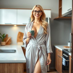 A full-body portrait of a 24-year-old Russian secretary standing in a modern kitchen