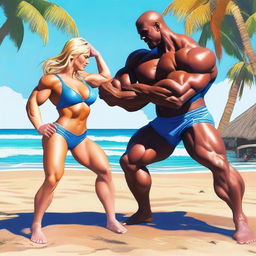 A high-quality digital art image captures a scene where a woman with extremely muscular abs, medium-sized breasts, and striking blue eyes is triumphing over a man in an arm wrestling match