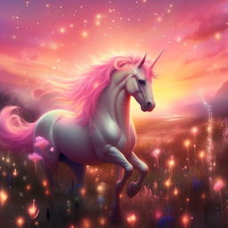 Glowing, majestic unicorn frolicking in a dreamy field under a pink sunset, strewn with sparkling fireflies and gentle, pastel-hued wildflowers