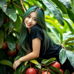A melancholic Korean girl posing gracefully in a black t-shirt, sitting sideways on a mangosteen, casting a soft smile at the camera, with long green hair