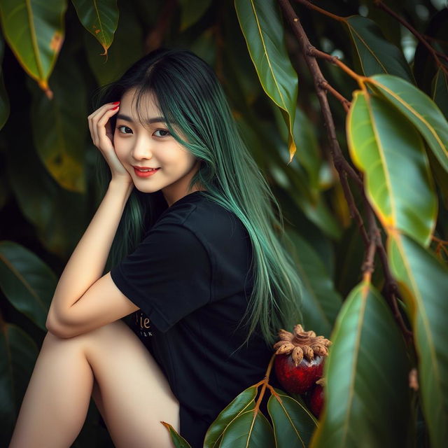 A melancholic Korean girl posing gracefully in a black t-shirt, sitting sideways on a mangosteen, casting a soft smile at the camera, with long green hair