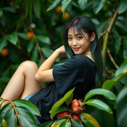 A melancholic Korean girl posing gracefully in a black t-shirt, sitting sideways on a mangosteen, casting a soft smile at the camera, with long green hair