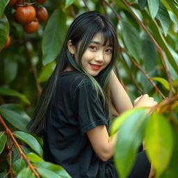 A melancholic Korean girl posing gracefully in a black t-shirt, sitting sideways on a mangosteen, casting a soft smile at the camera, with long green hair