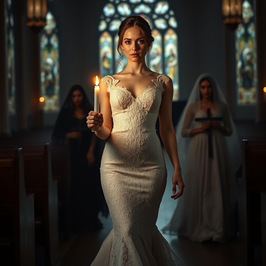 A beautiful young bride walking toward the viewer, delicately holding a single candle that casts a warm and flickering light in a dark, atmospheric church featuring stunning stained glass windows