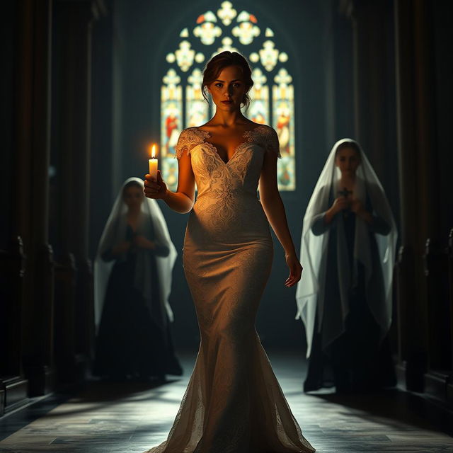 A beautiful young bride walking toward the viewer, delicately holding a single candle that casts a warm and flickering light in a dark, atmospheric church featuring stunning stained glass windows