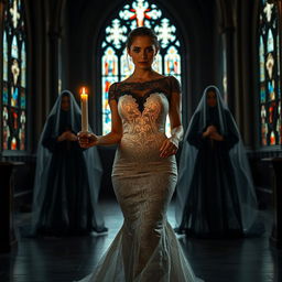A beautiful young bride walking toward the viewer, delicately holding a single candle that casts a warm and flickering light in a dark, atmospheric church featuring stunning stained glass windows