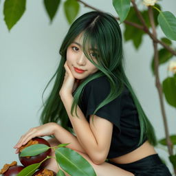A melancholic Korean girl wearing a black t-shirt, elegantly attractive, sitting sideways on a ripe mangosteen, gazing gently at the camera with a soft smile