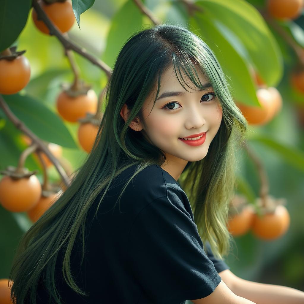 A melancholic Korean girl wearing a black t-shirt, elegantly attractive, sitting sideways on a ripe mangosteen, gazing gently at the camera with a soft smile