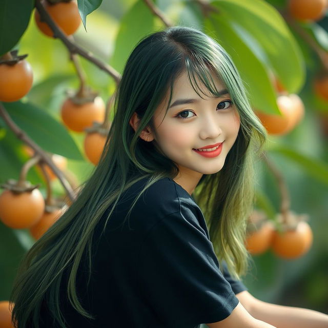 A melancholic Korean girl wearing a black t-shirt, elegantly attractive, sitting sideways on a ripe mangosteen, gazing gently at the camera with a soft smile