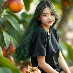 A melancholic Korean girl wearing a black t-shirt, elegantly attractive, sitting sideways on a ripe mangosteen, gazing gently at the camera with a soft smile