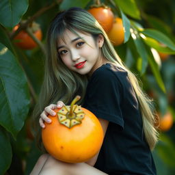 A melancholic Korean girl wearing a black t-shirt, elegantly attractive, sitting sideways on a ripe mangosteen, gazing gently at the camera with a soft smile