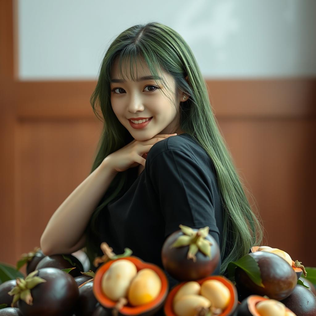 A melancholic Korean girl posing in a black t-shirt, exuding elegance and charm, sitting sideways on a mangosteen fruit