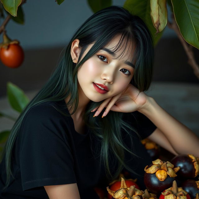 A melancholic Korean girl posing in a black t-shirt, exuding elegance and charm, sitting sideways on a mangosteen fruit