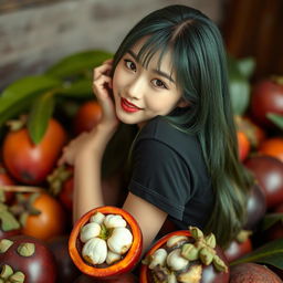 A melancholic Korean girl posing in a black t-shirt, exuding elegance and charm, sitting sideways on a mangosteen fruit