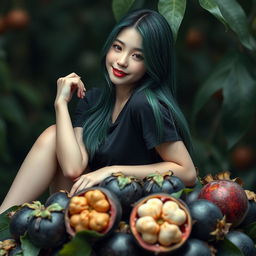 A melancholic Korean girl posing in a black t-shirt, exuding elegance and charm, sitting sideways on a mangosteen fruit