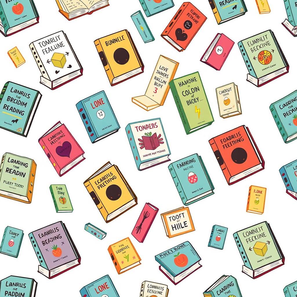 A square design filled with an engaging pattern of various colorful books, each illustrated with unique titles and eye-catching designs