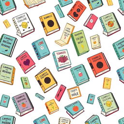 A square design filled with an engaging pattern of various colorful books, each illustrated with unique titles and eye-catching designs