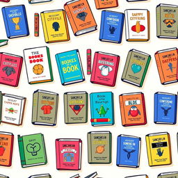 A square design filled with an engaging pattern of various colorful books, each illustrated with unique titles and eye-catching designs