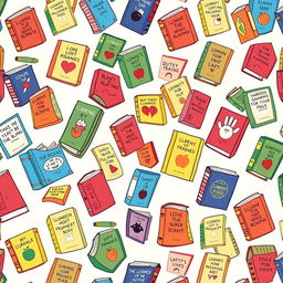 A square design filled with an engaging pattern of various colorful books, each illustrated with unique titles and eye-catching designs