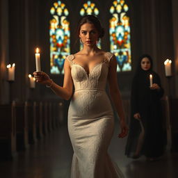 A beautiful young bride walking toward the viewer, gently holding a single candle that illuminates the dark ambiance of a church featuring stunning stained glass windows