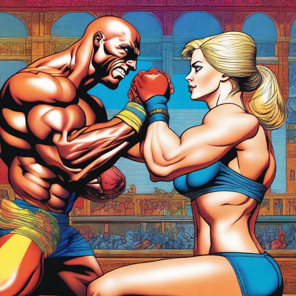 A high-quality digital art image depicts a scene where a woman with extremely muscular abs, medium-sized breasts, and dazzling blue eyes is overpowering a visibly weaker man in an arm wrestling match