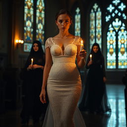 A beautiful young bride walking toward the viewer, gently holding a single candle that illuminates the dark ambiance of a church featuring stunning stained glass windows