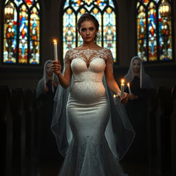 A beautiful young bride walking toward the viewer, gently holding a single candle that illuminates the dark ambiance of a church featuring stunning stained glass windows