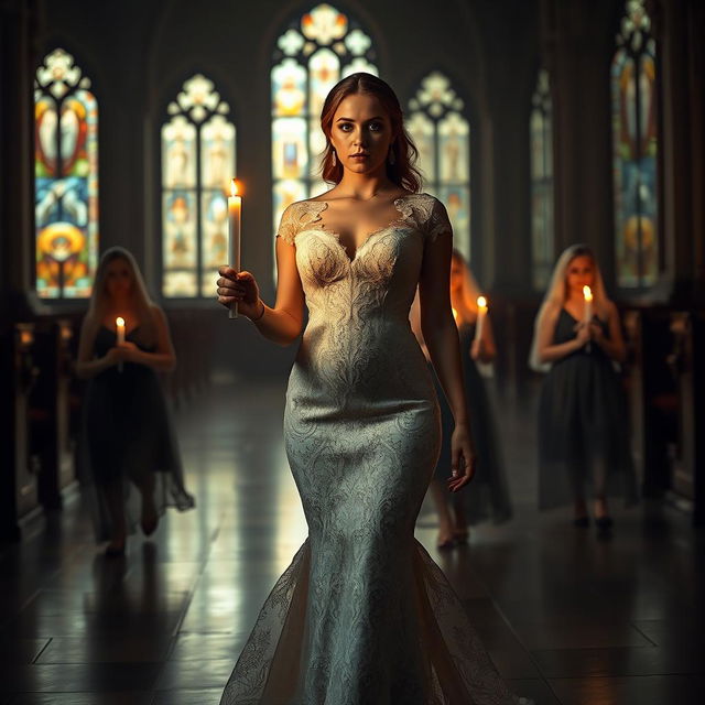 A beautiful young bride walking toward the viewer, gently holding a single candle that illuminates the dark ambiance of a church featuring stunning stained glass windows