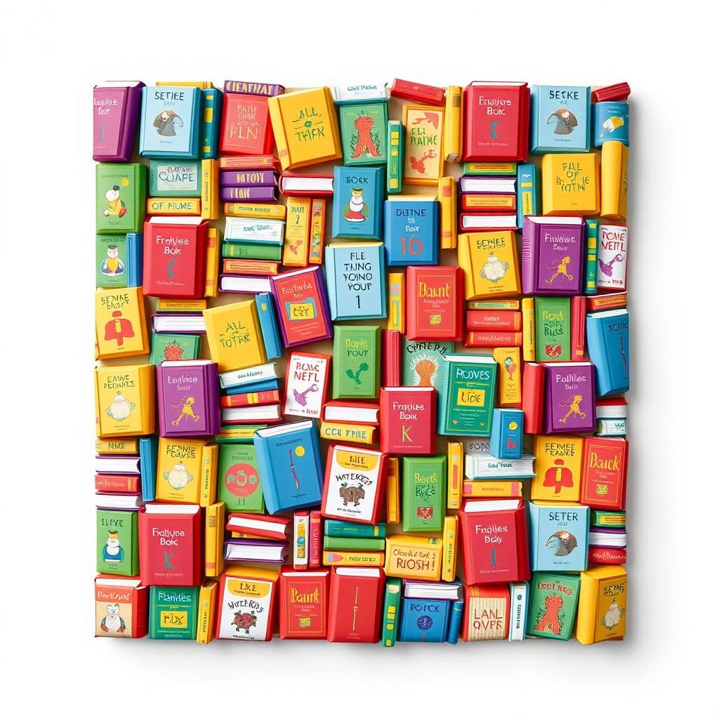 A square design filled with an intricate pattern of vibrant and colorful books, each book displaying unique titles and illustrations