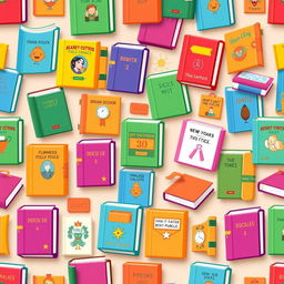 A square design filled with an intricate pattern of vibrant and colorful books, each book displaying unique titles and illustrations