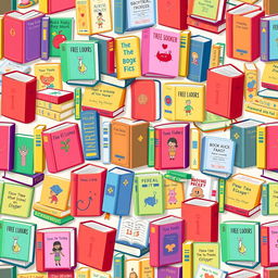 A square design filled with an intricate pattern of vibrant and colorful books, each book displaying unique titles and illustrations